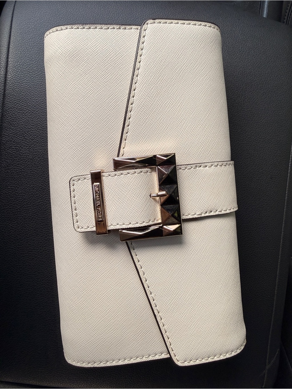 Cream Leather Buckle Wallet Clutch